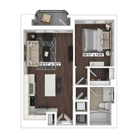 Floor plan for 1 bed, 1 bath, 801 sqft